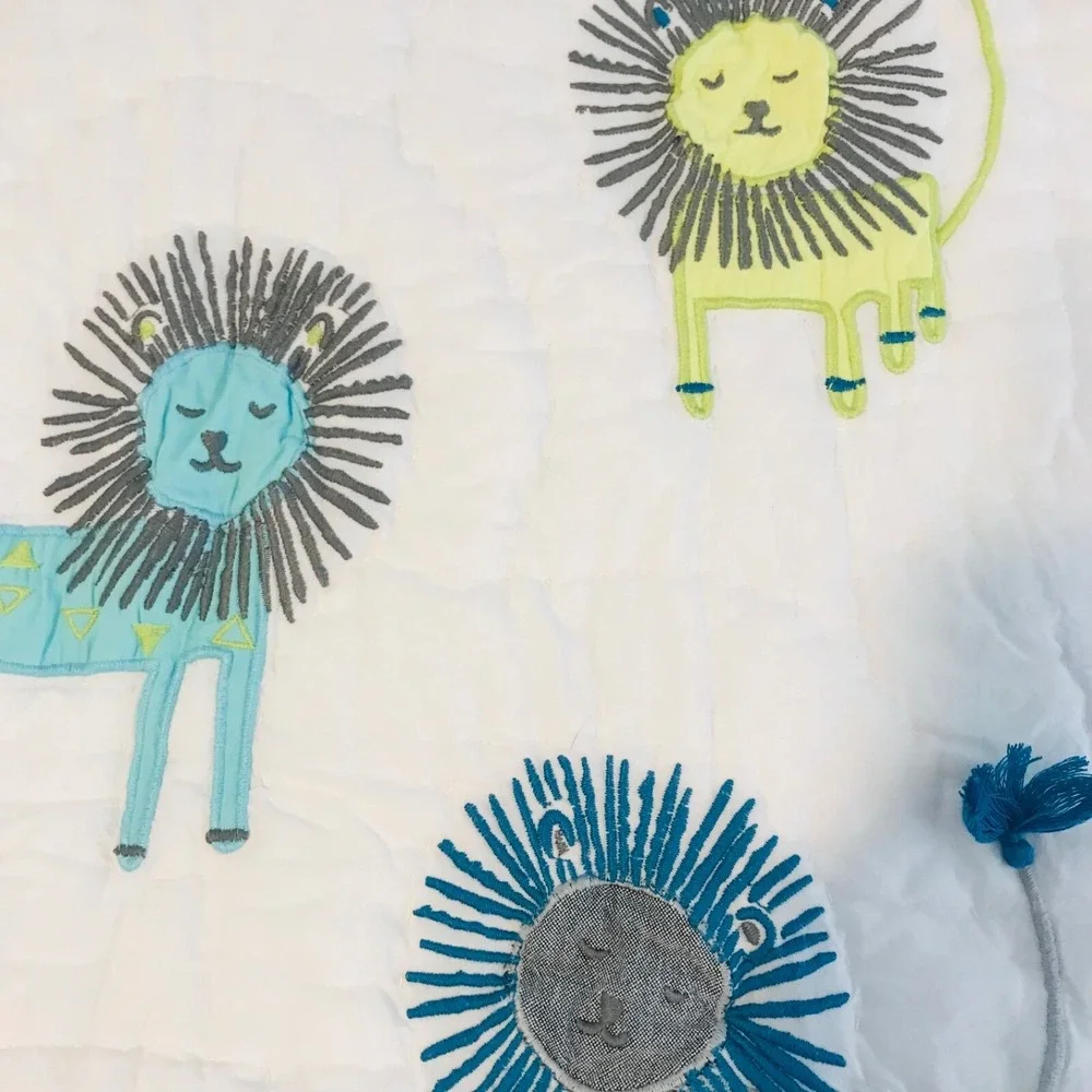 Pottery Barn Baby Quilt Lion Organic Cotton Blanket Toddler Kid Crib Aqua